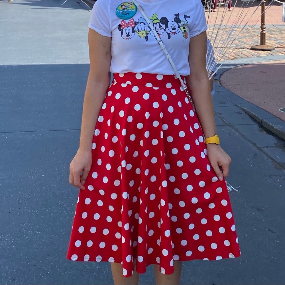 RockSteady red and white polka dot a-line midi skirt sz S
